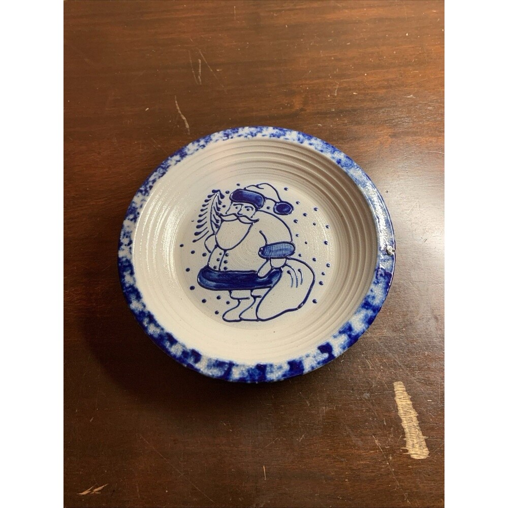 ELDRETH POTTERY 1993 COBALT BLUE SALT GLAZE STONEWARE PIE Santa Signed 8"